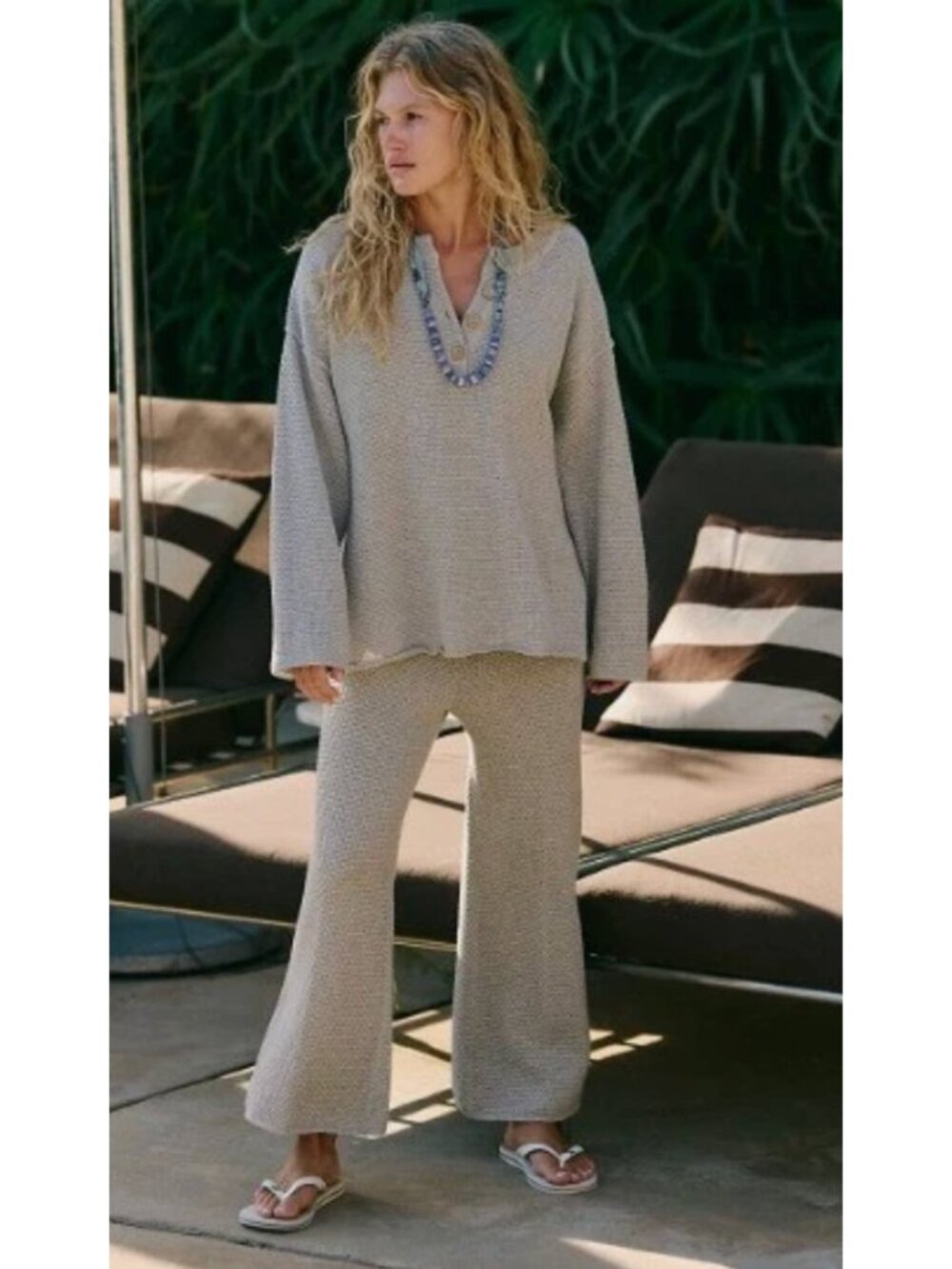Free People Beach Hailee Knit Pants Heather Grey Wide Leg 100% Cotton Boho M